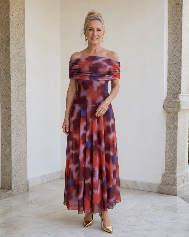Violla | Off Shoulder Watercolour Print Flowing Midi Dress