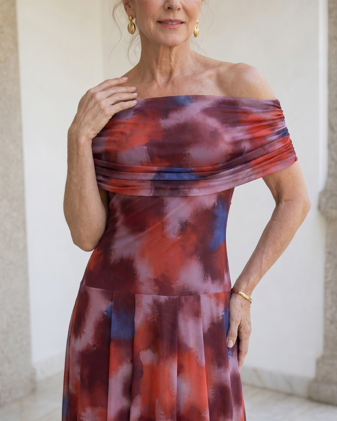 Violla | Off Shoulder Watercolour Print Flowing Midi Dress