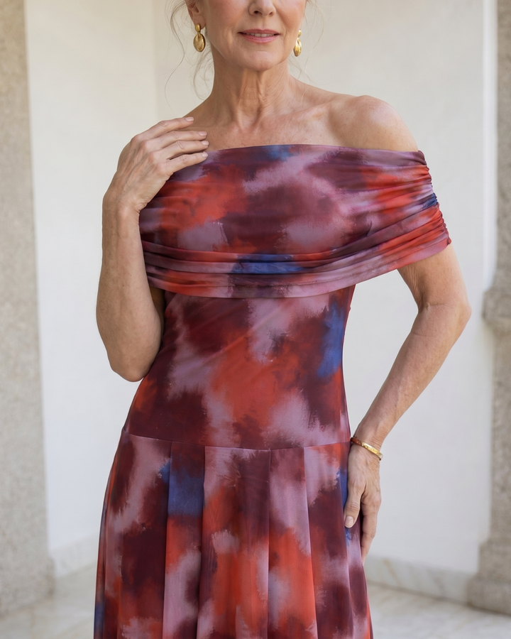 Violla | Off Shoulder Watercolour Print Flowing Midi Dress