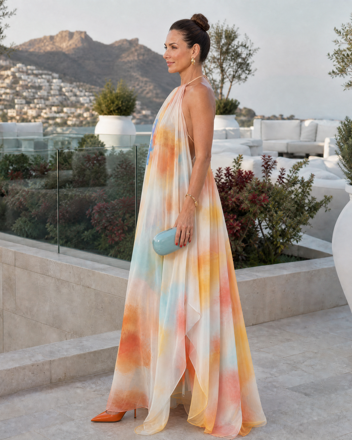 Solmira | Watercolour Halter Flowing Maxi Dress