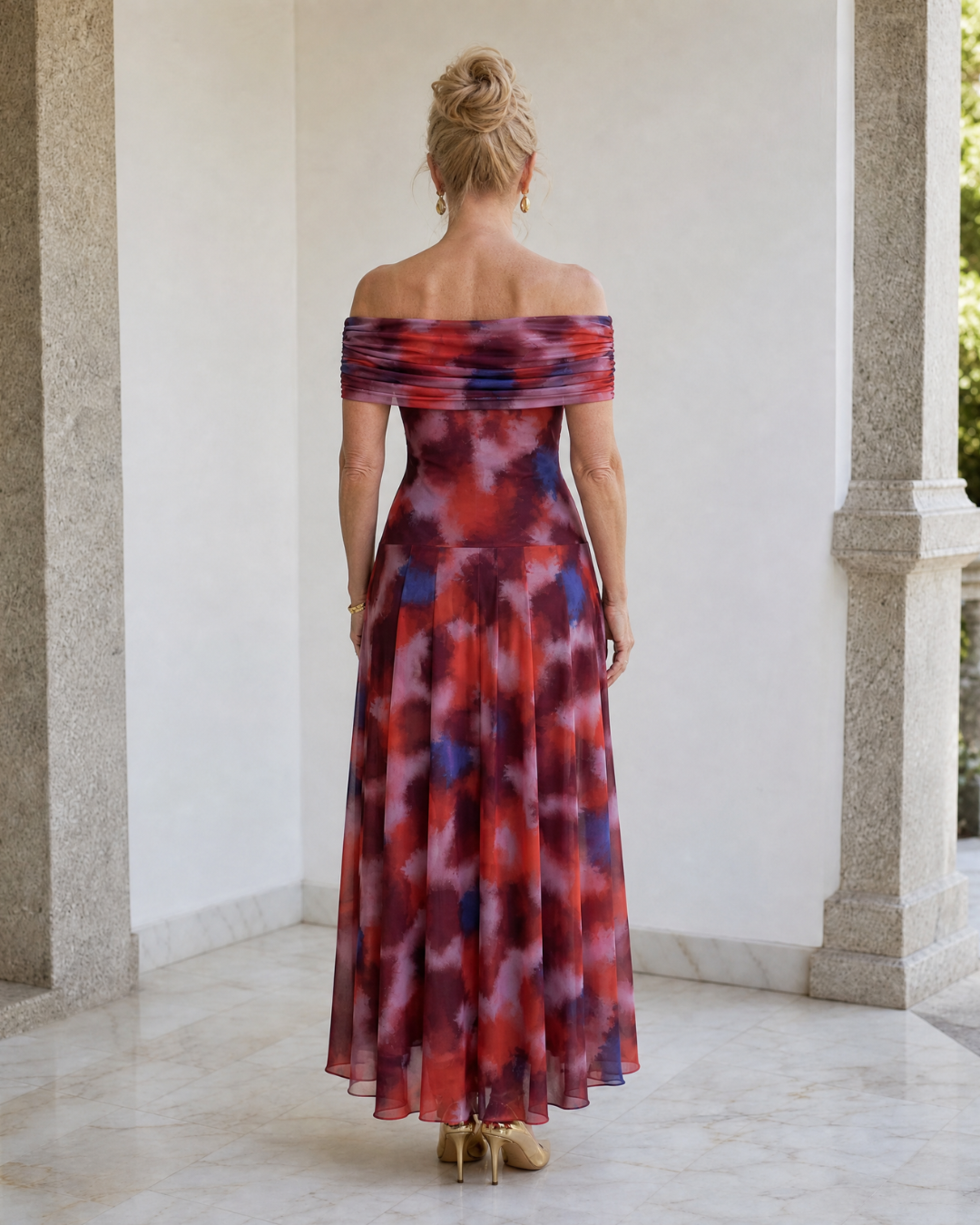 Violla | Off Shoulder Watercolour Print Flowing Midi Dress