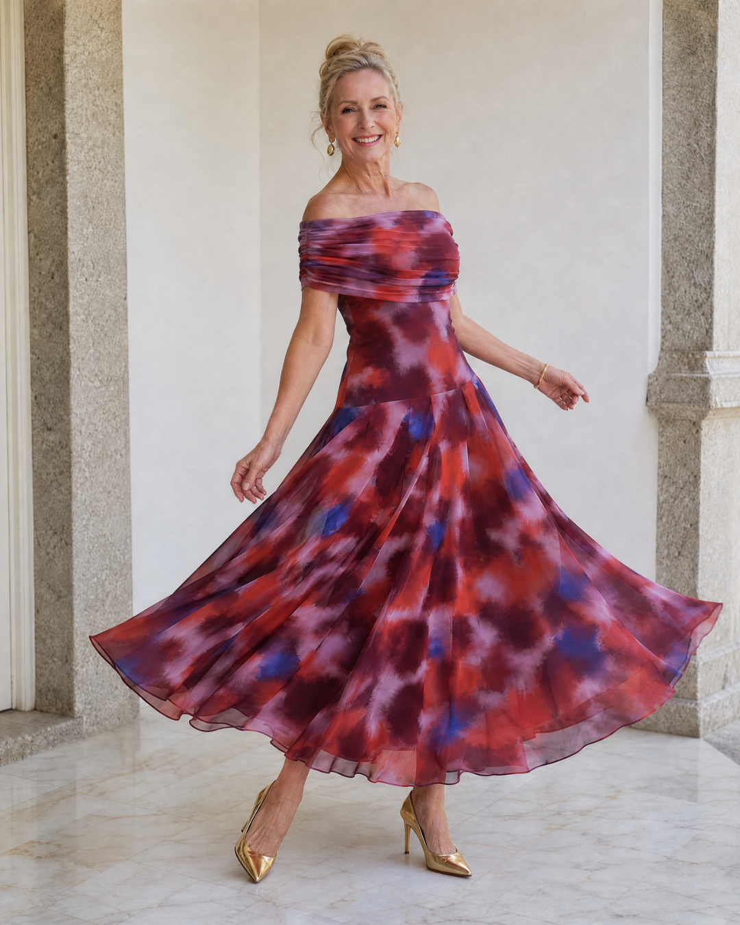 Violla | Off Shoulder Watercolour Print Flowing Midi Dress