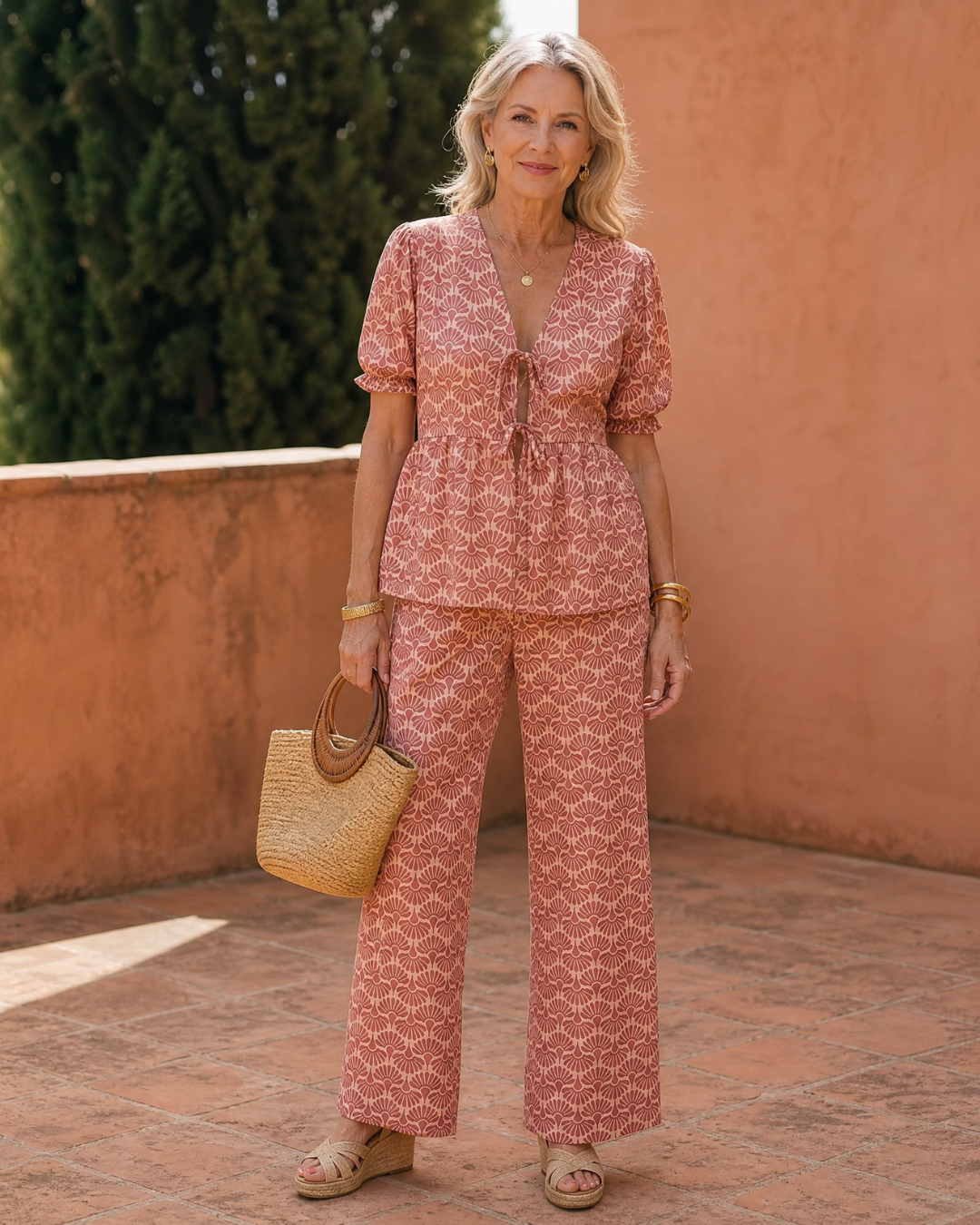 Somar | Floral Print Puff Sleeve Top and Straight Leg Trousers Set
