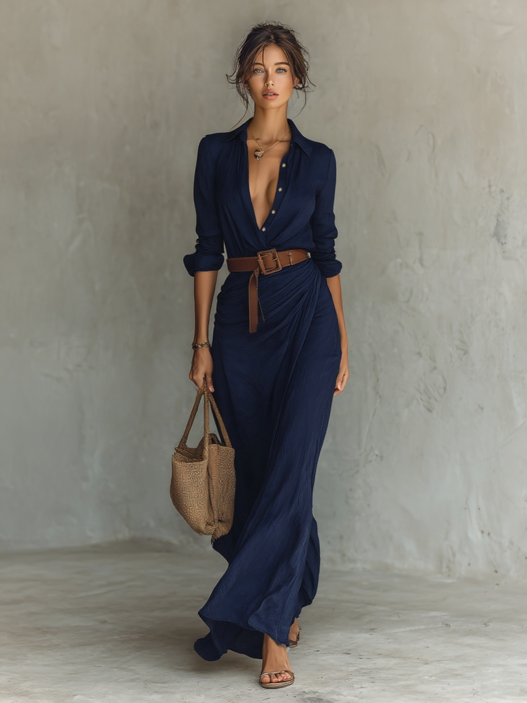 Maxi Dress with Notch Collar and Long Sleeves