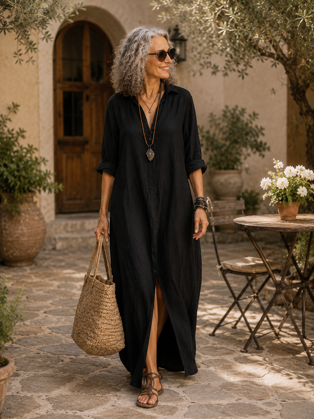 Soline™ | Black Flowing Maxi Dress with Buttons