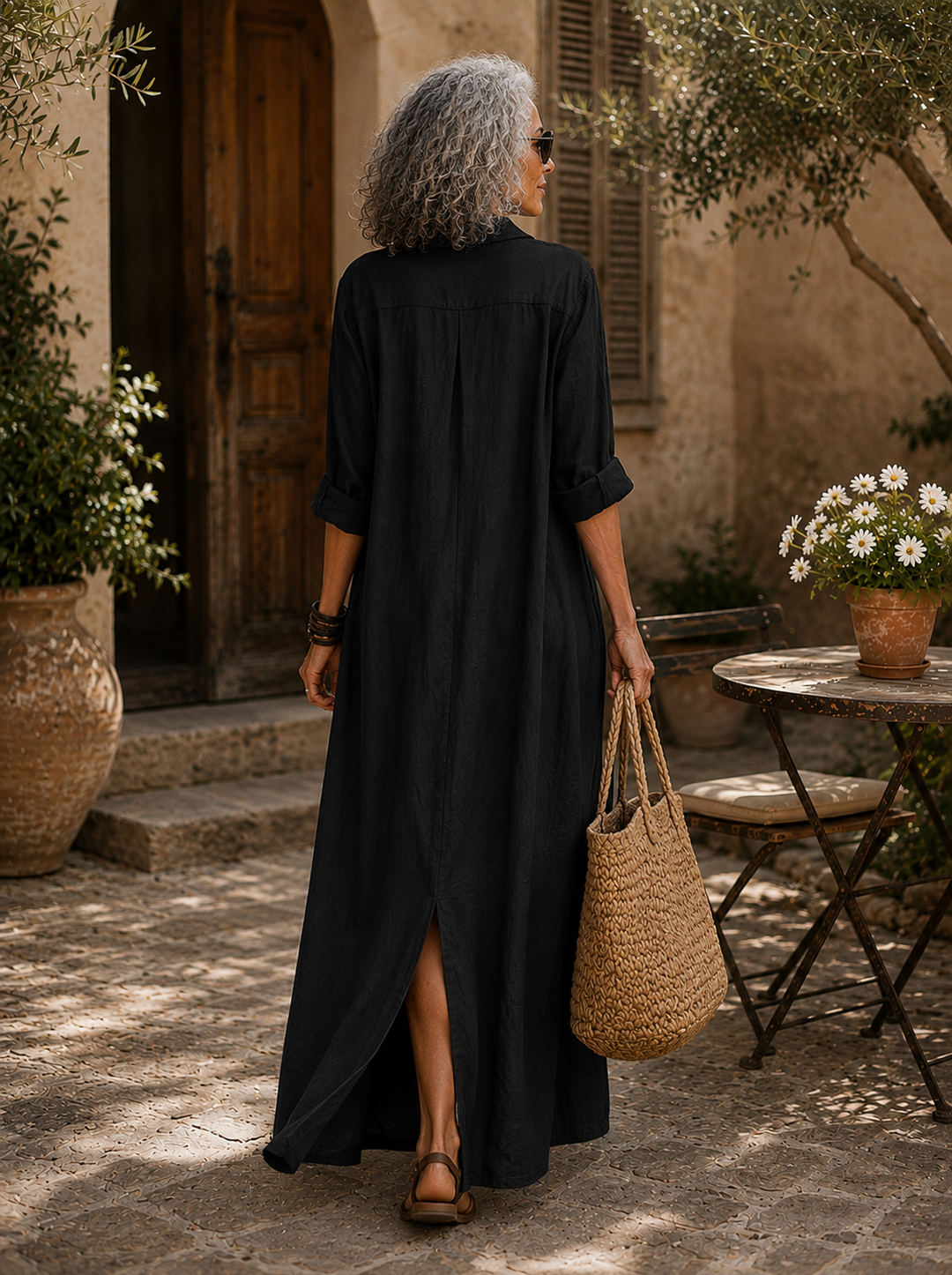 Soline™ | Black Flowing Maxi Dress with Buttons