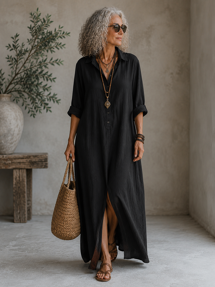 Soline™ | Black Flowing Maxi Dress with Buttons