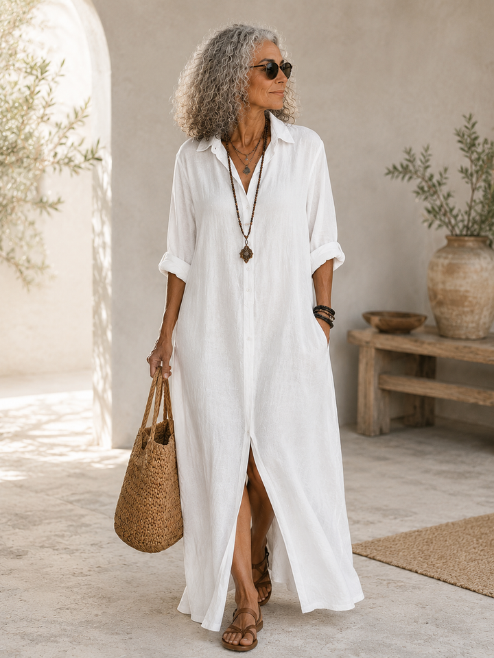 Soline™ | Black Flowing Maxi Dress with Buttons
