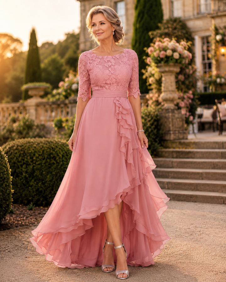 Elegant Lace Bodice Chiffon High-Low Dress with Elbow Sleeves