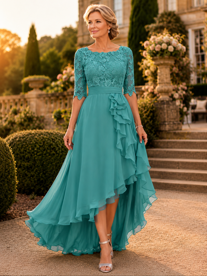 Elegant Lace Bodice Chiffon High-Low Dress with Elbow Sleeves