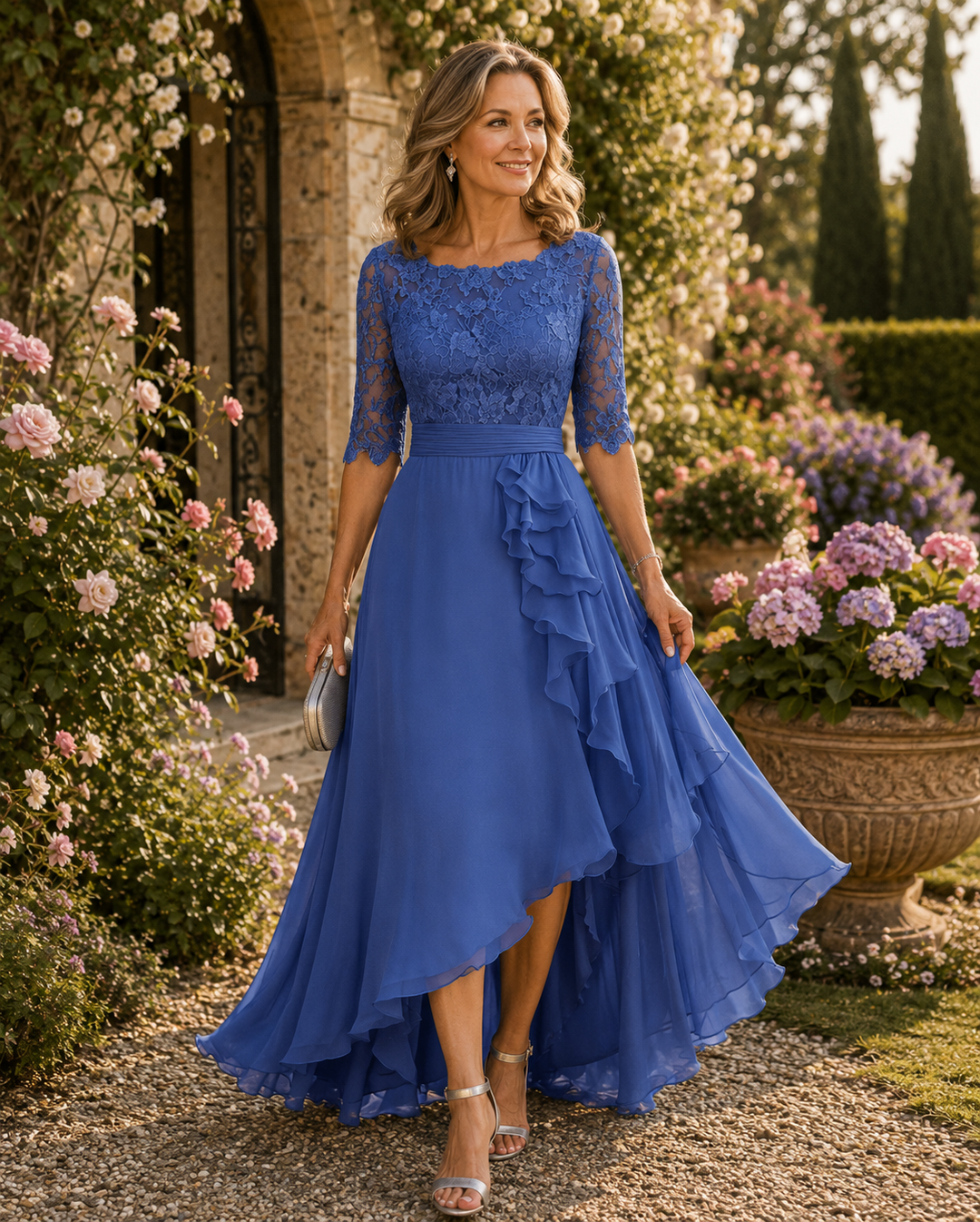Elegant Lace Bodice Chiffon High-Low Dress with Elbow Sleeves