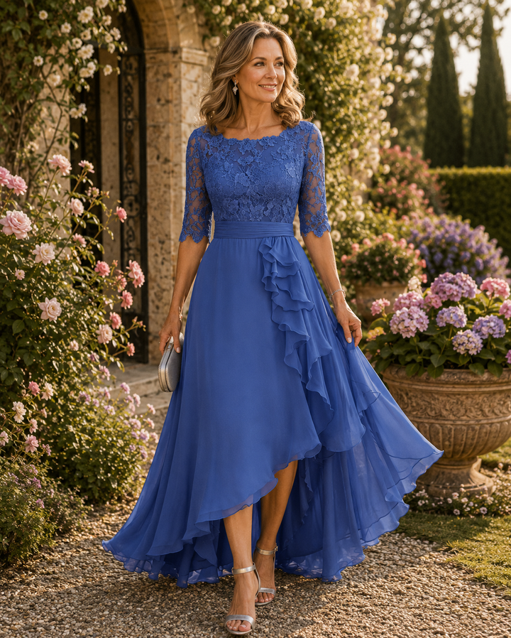 Elegant Lace Bodice Chiffon High-Low Dress with Elbow Sleeves