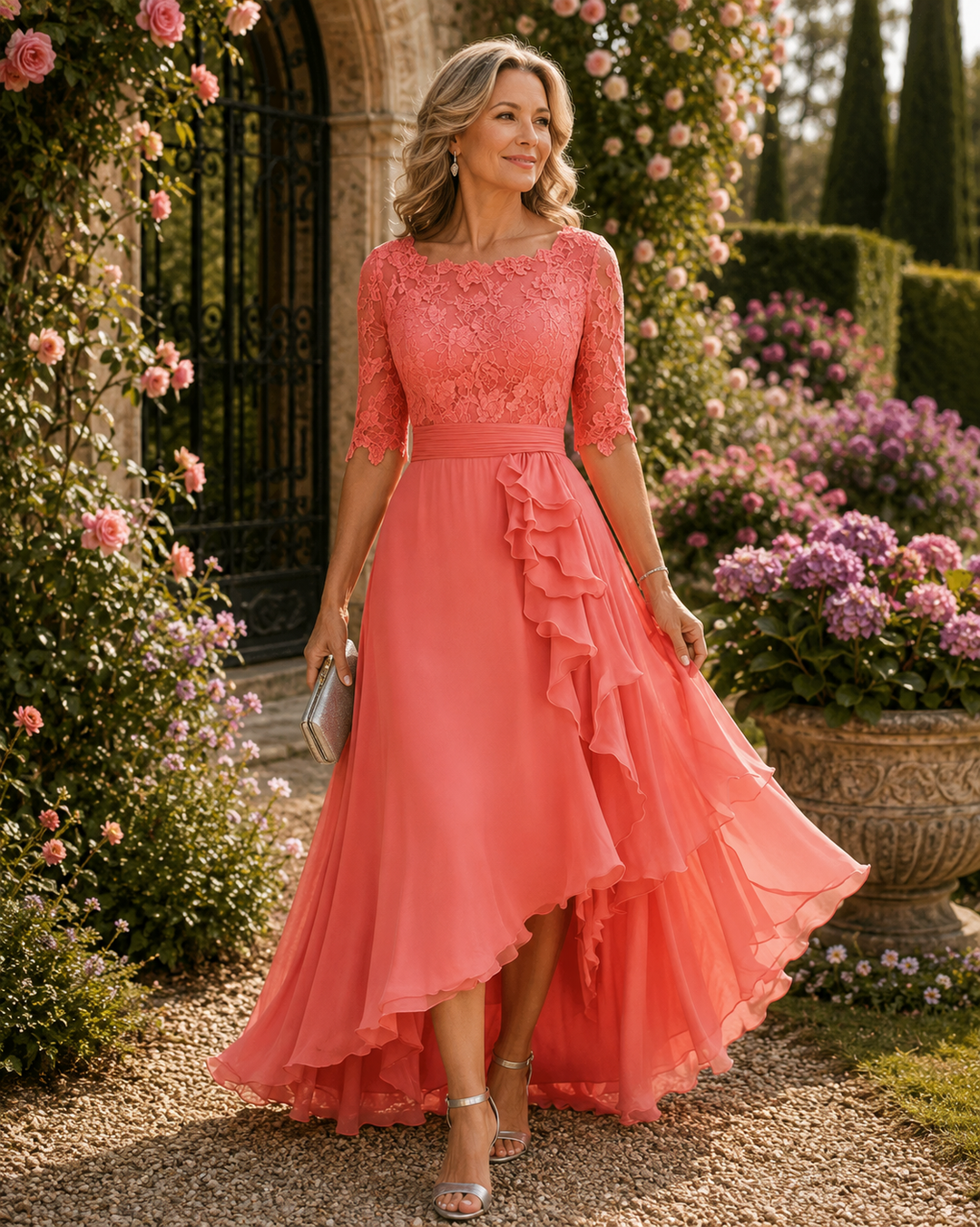 Elegant Lace Bodice Chiffon High-Low Dress with Elbow Sleeves