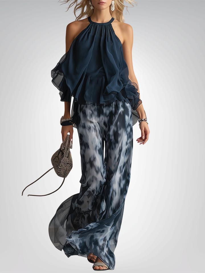 ESSENTIAL - Ludovica – Elegant chiffon set with high-neck top and wide-leg printed trousers