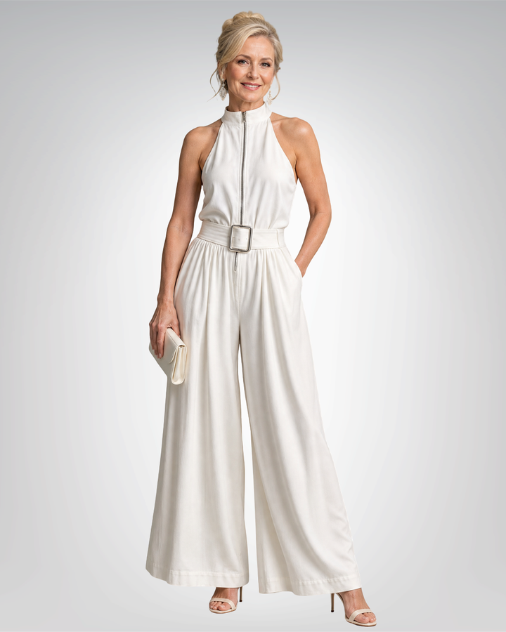 Astrielle | Belted High Neck Wide Leg Sleeveless Jumpsuit