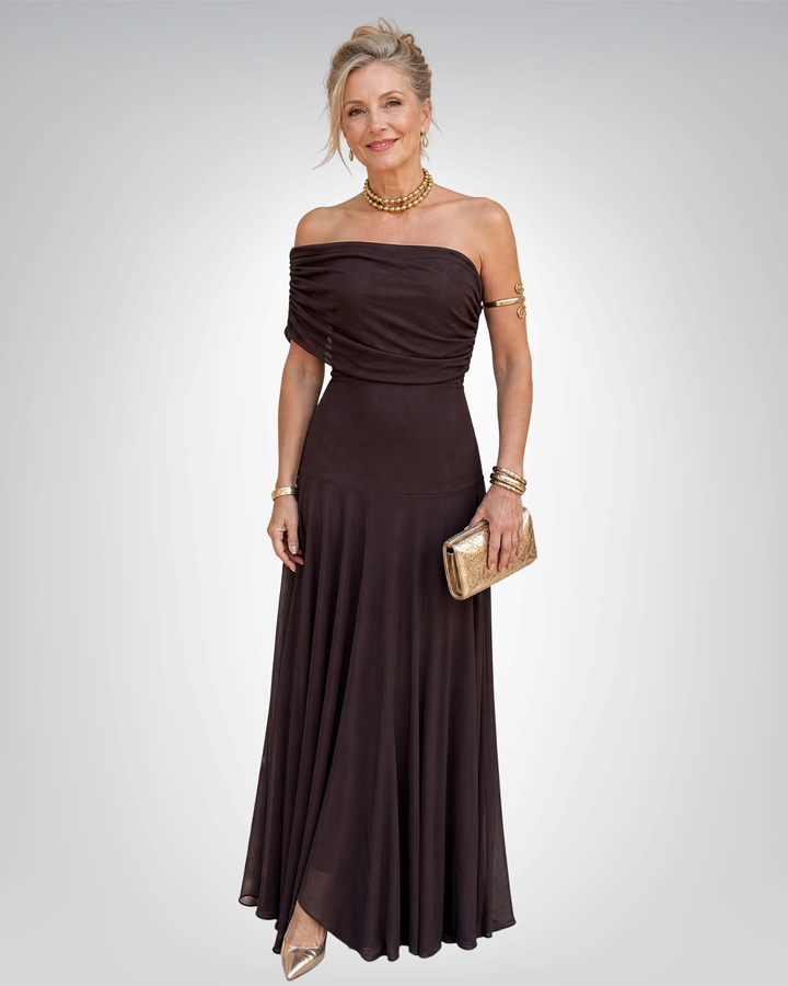Valerinne | Off Shoulder Draped Bodice Flowing Maxi Dress