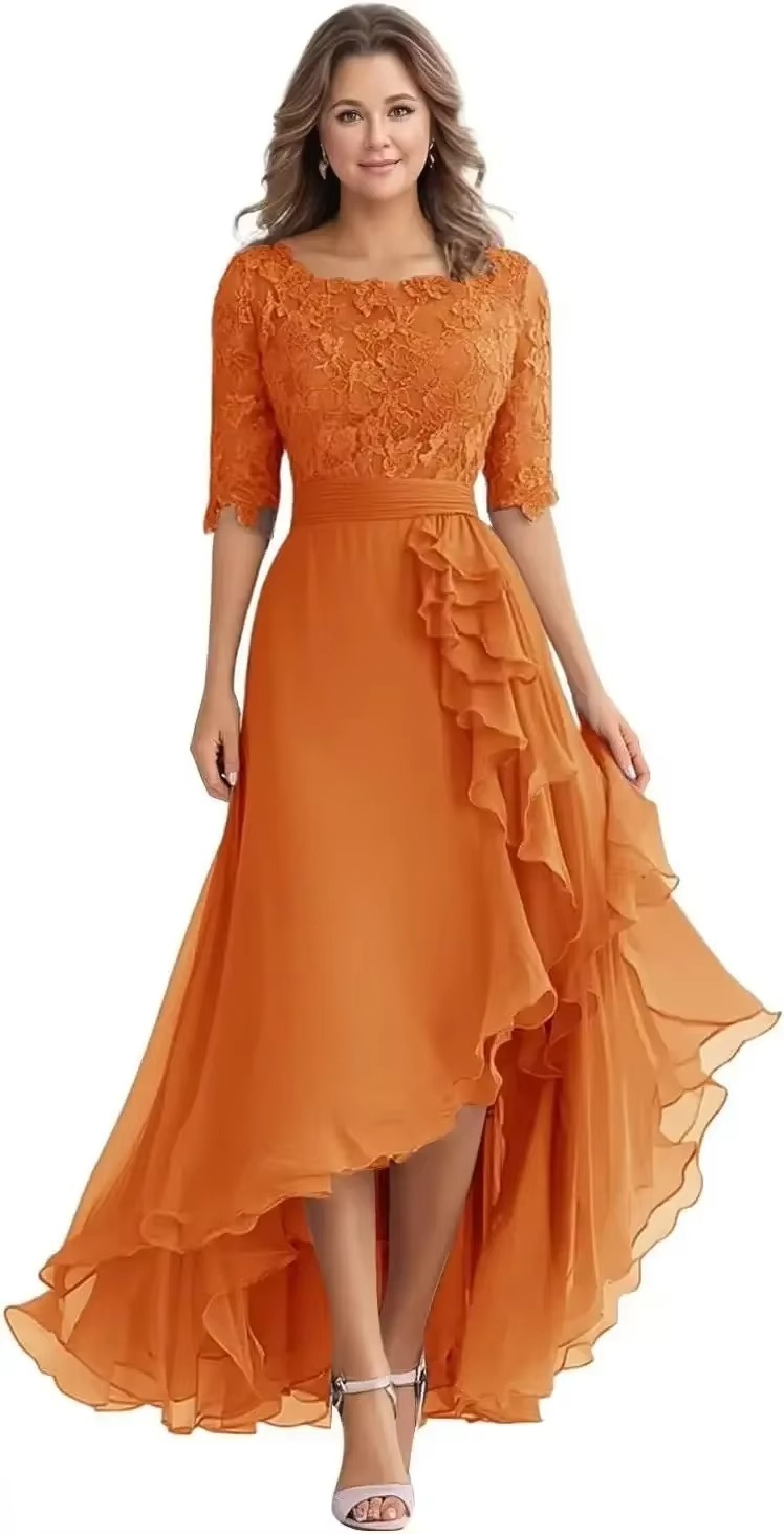 Elegant Lace Bodice Chiffon High-Low Dress with Elbow Sleeves