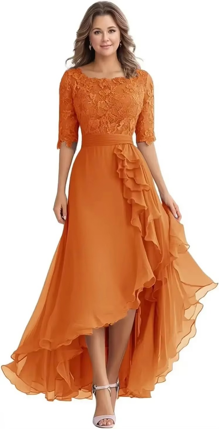 Elegant Lace Bodice Chiffon High-Low Dress with Elbow Sleeves