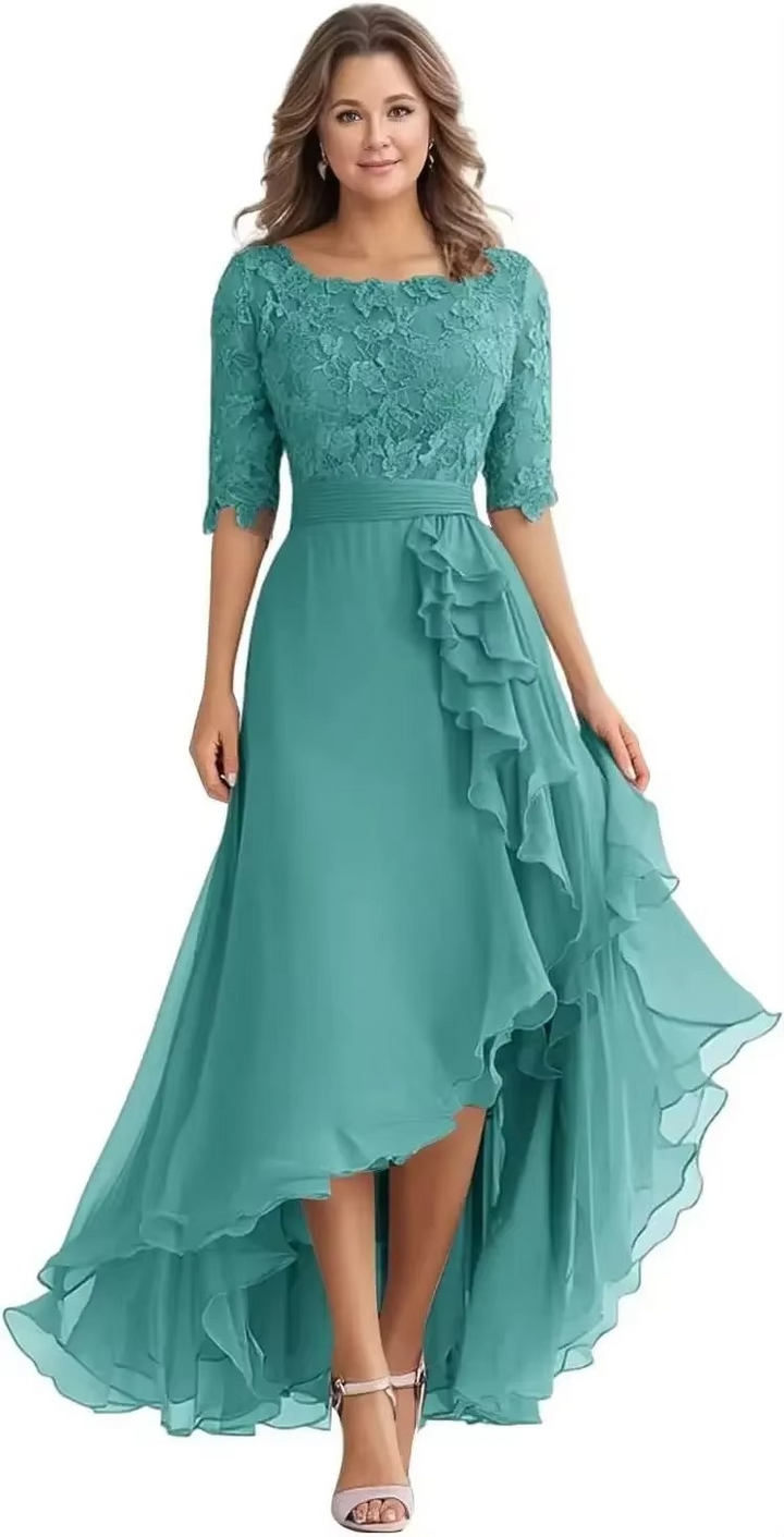 Elegant Lace Bodice Chiffon High-Low Dress with Elbow Sleeves