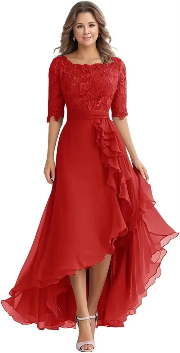 Elegant Lace Bodice Chiffon High-Low Dress with Elbow Sleeves