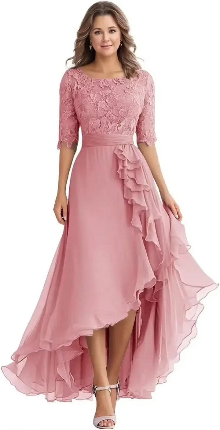 Elegant Lace Bodice Chiffon High-Low Dress with Elbow Sleeves