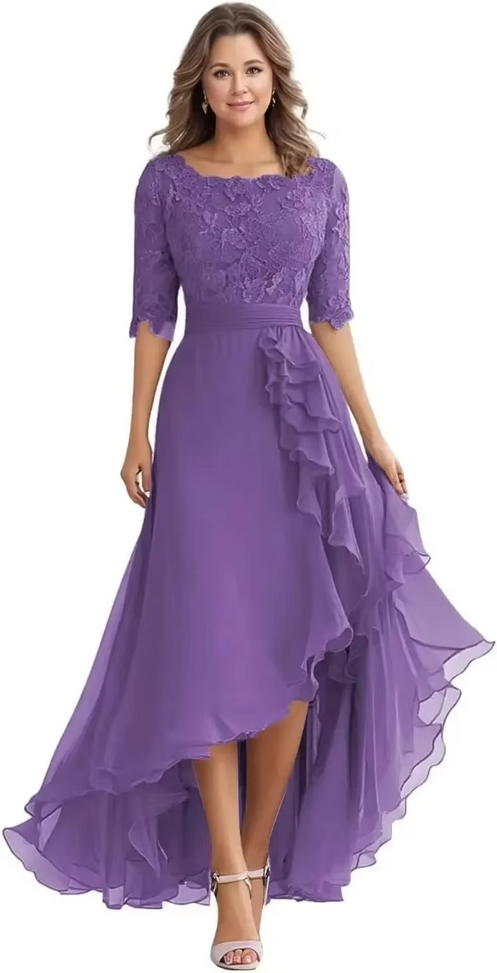 Elegant Lace Bodice Chiffon High-Low Dress with Elbow Sleeves