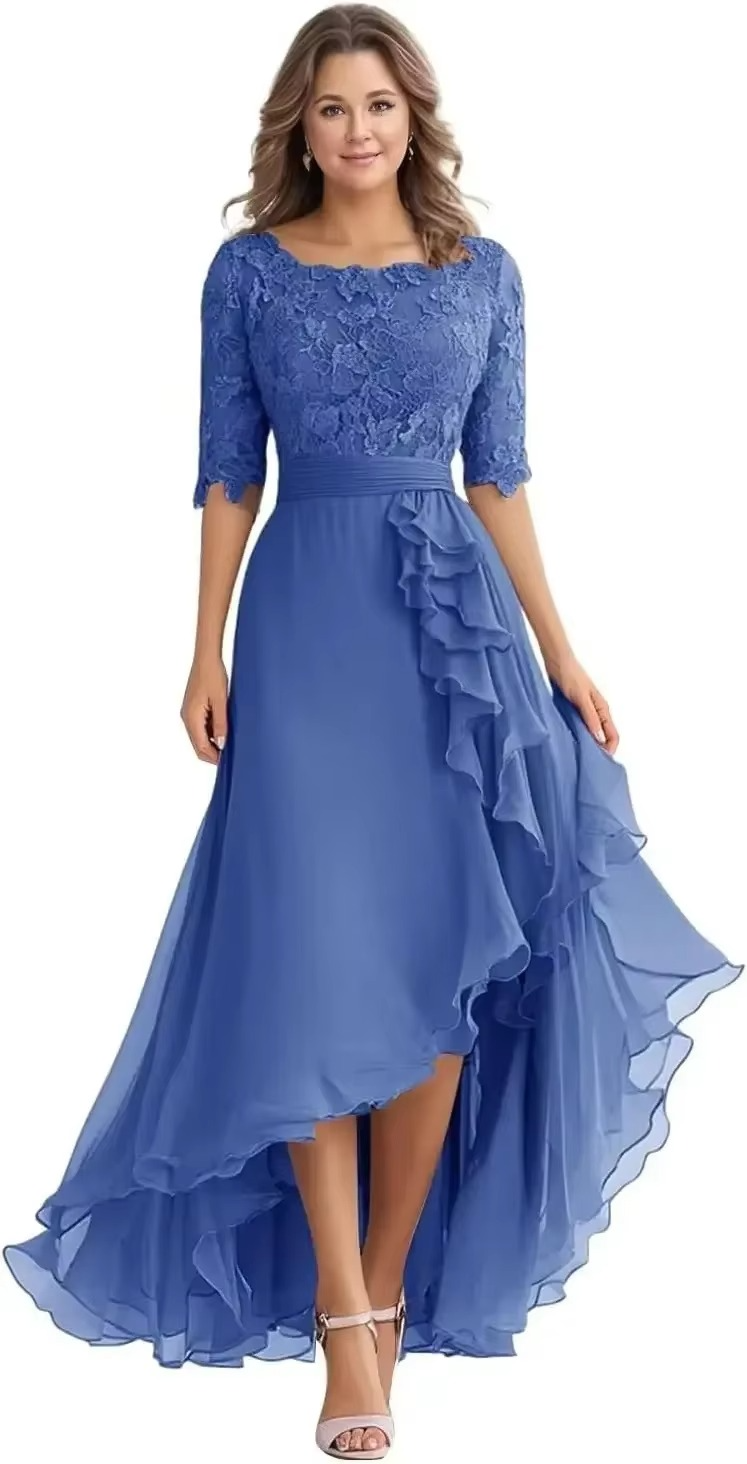 Elegant Lace Bodice Chiffon High-Low Dress with Elbow Sleeves