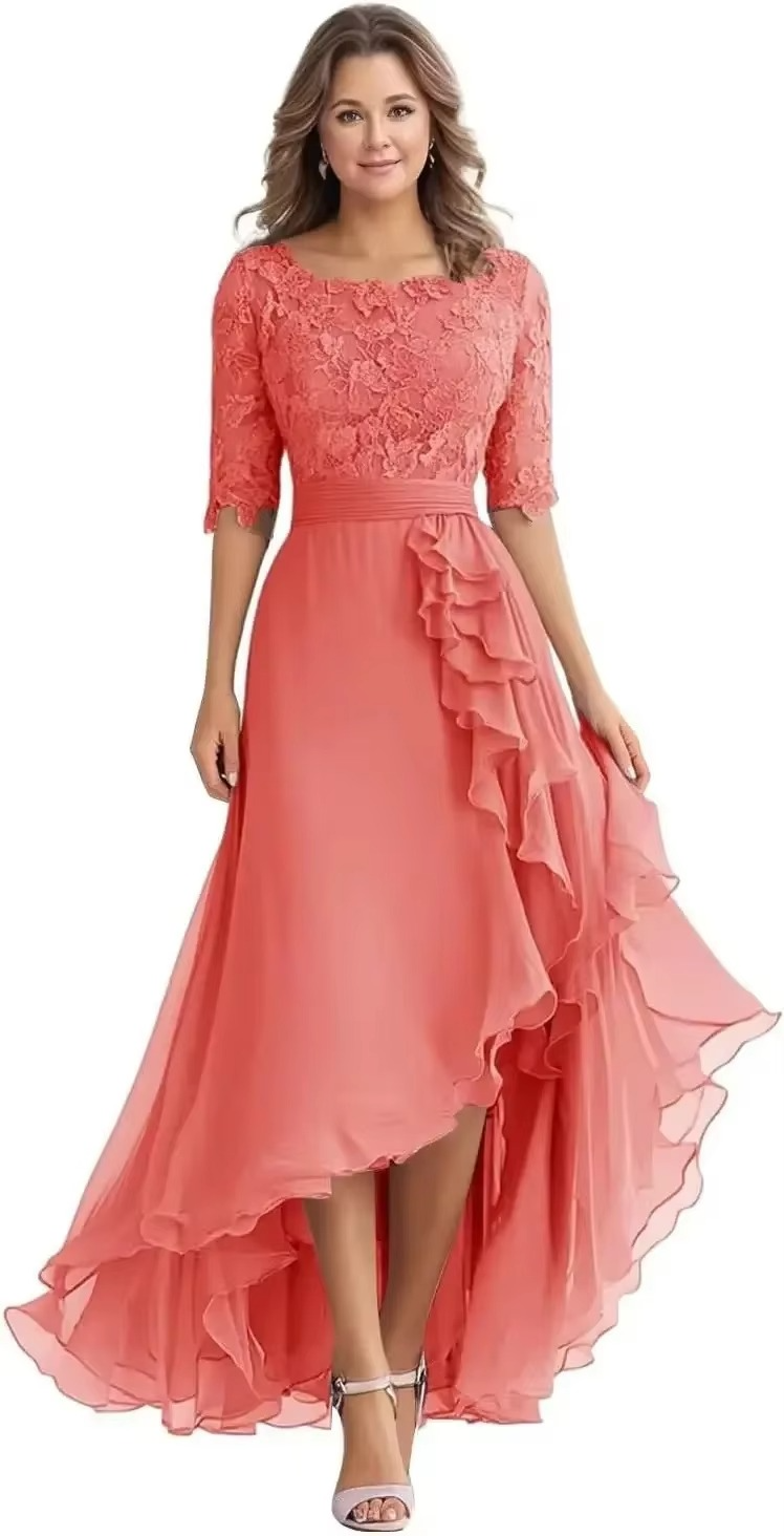 Elegant Lace Bodice Chiffon High-Low Dress with Elbow Sleeves