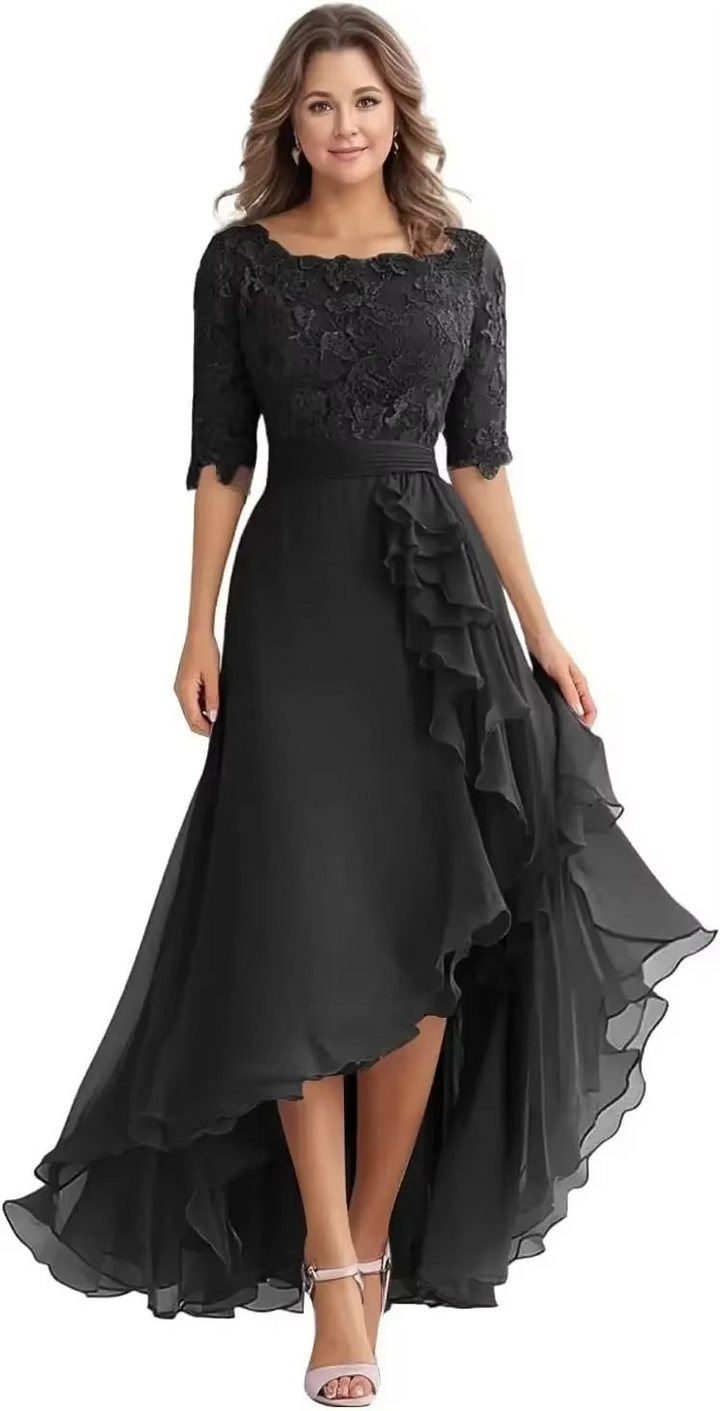 Elegant Lace Bodice Chiffon High-Low Dress with Elbow Sleeves