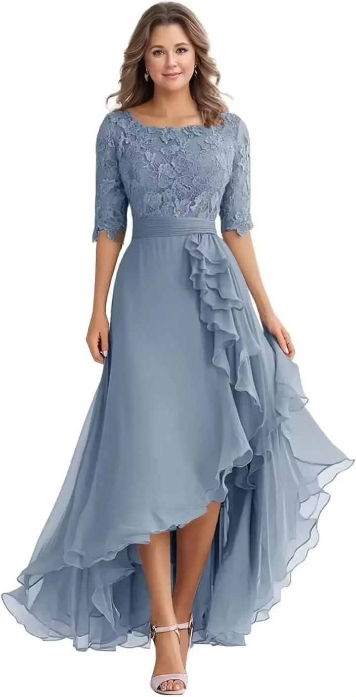 Elegant Lace Bodice Chiffon High-Low Dress with Elbow Sleeves