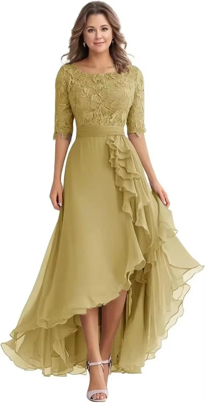Elegant Lace Bodice Chiffon High-Low Dress with Elbow Sleeves