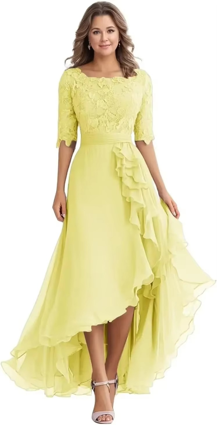Elegant Lace Bodice Chiffon High-Low Dress with Elbow Sleeves