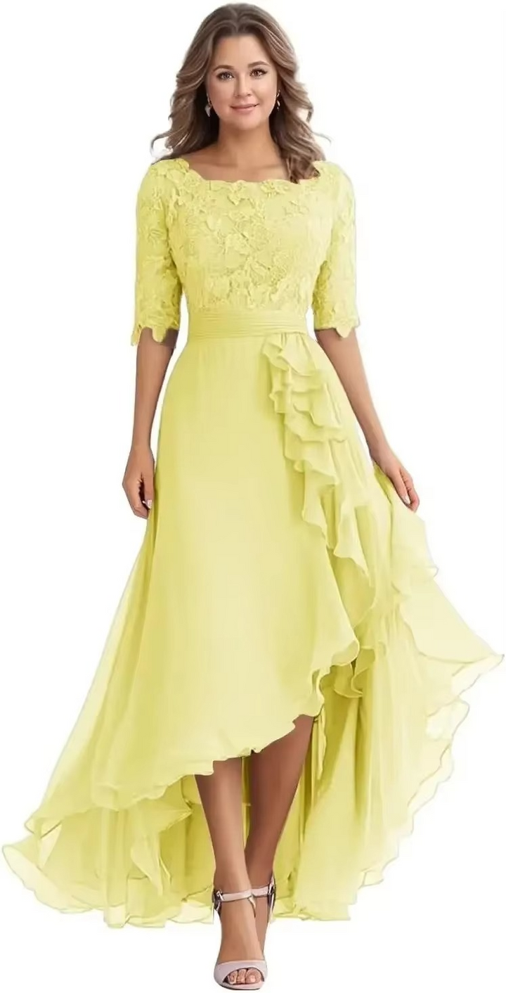 Elegant Lace Bodice Chiffon High-Low Dress with Elbow Sleeves