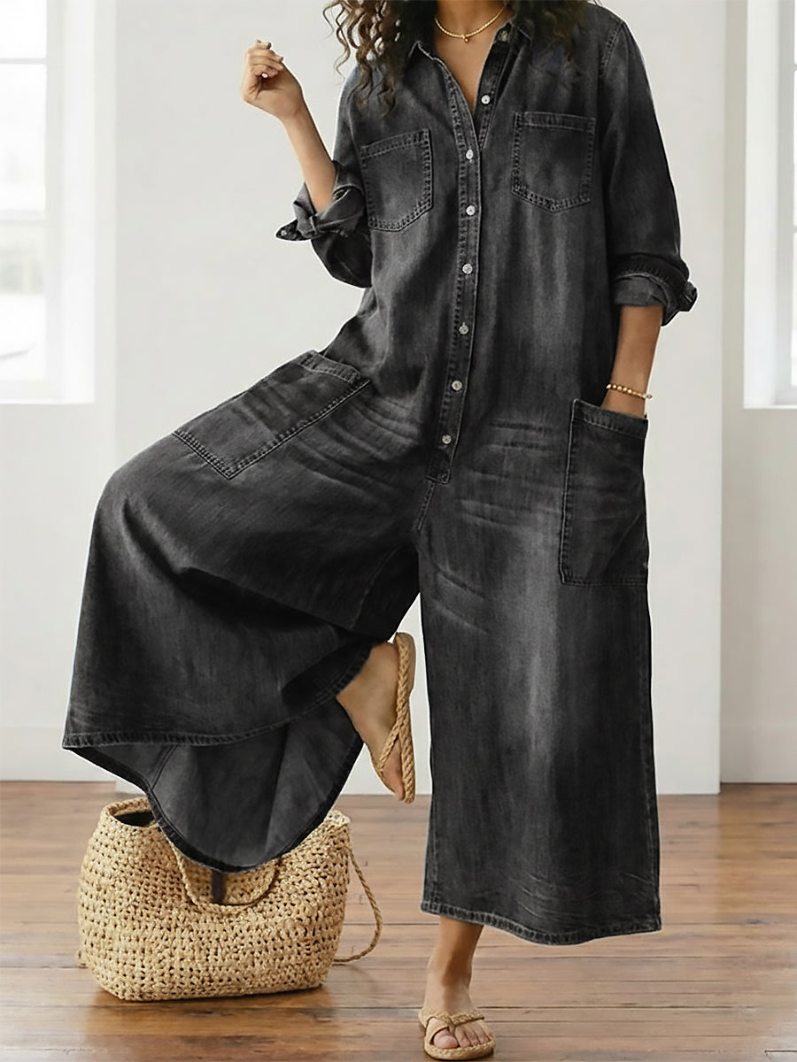 Diana | Vintage Washed Cotton Denim Dungarees